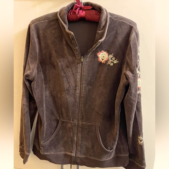 style & co Sport brown velour jacket zip front size PL Mock Neck Pockets - Picture 1 of 4